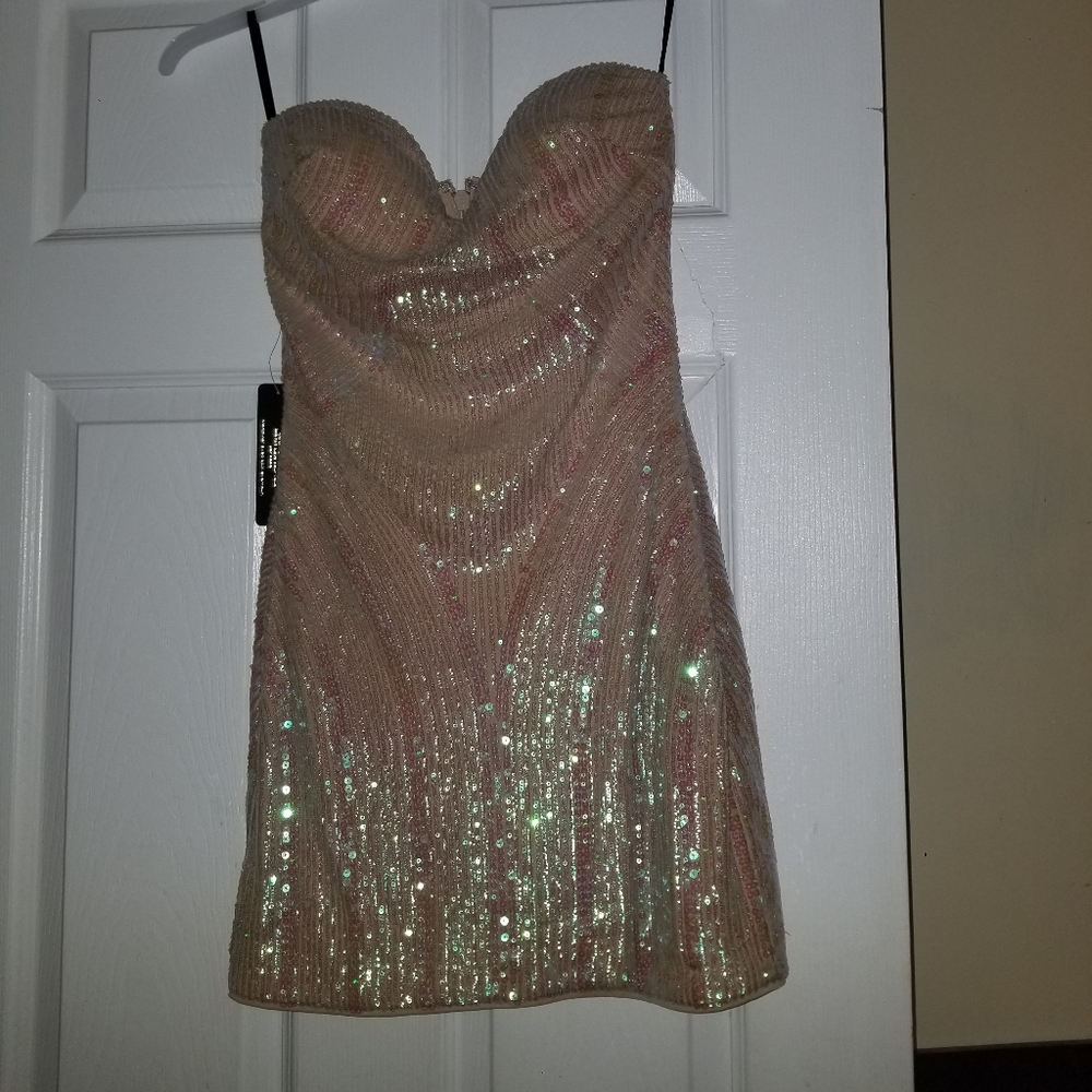 BeBe Strapless shimmery sequin mini dress